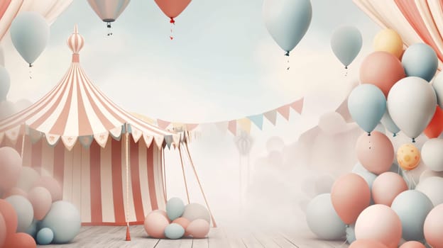 Banner: 3d rendering of a circus tent with balloons and foggy background
