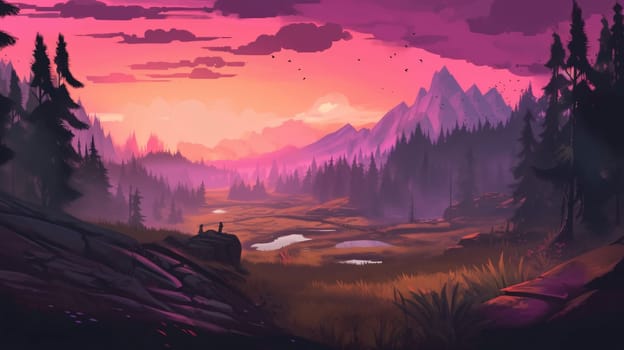 Banner: Fantasy landscape with mountains and lake. Digital art painting illustration.