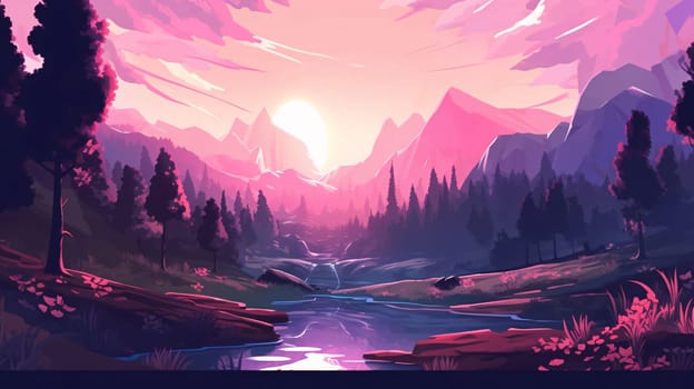 Banner: Fantasy landscape with river, mountains, forest and sunset. Vector illustration