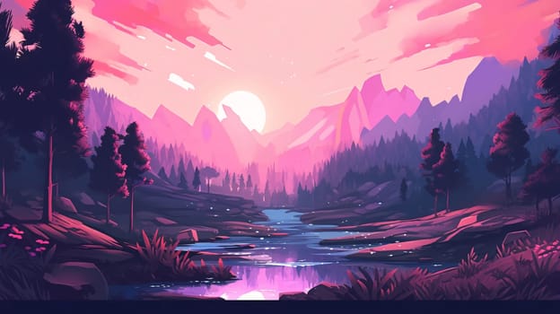 Banner: Fantasy landscape with a river and a forest. Vector illustration.