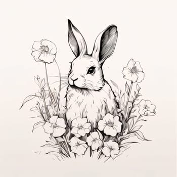 Easter rabbit: Rabbit with flowers. Hand drawn vector illustration in sketch style.