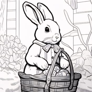 Easter rabbit: Easter bunny with basket of eggs. Hand-drawn illustration.