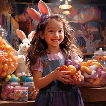 Easter rabbit: Portrait of a cute little girl with Easter eggs in a candy shop.