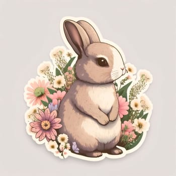 Easter rabbit: Easter card with cute rabbit, flowers and leaves. Vector illustration.
