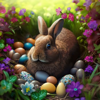 Easter rabbit: Easter bunny and eggs in the grass. 3D illustration.