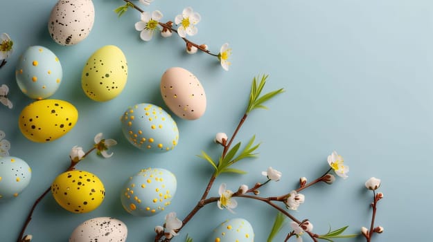 Feasts of the Lord's Resurrection: Easter eggs and spring flowers on blue background. Top view.