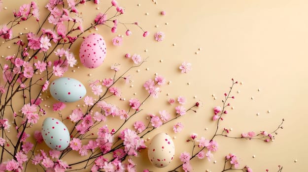 Feasts of the Lord's Resurrection: Easter eggs and blooming branches on beige background, flat lay