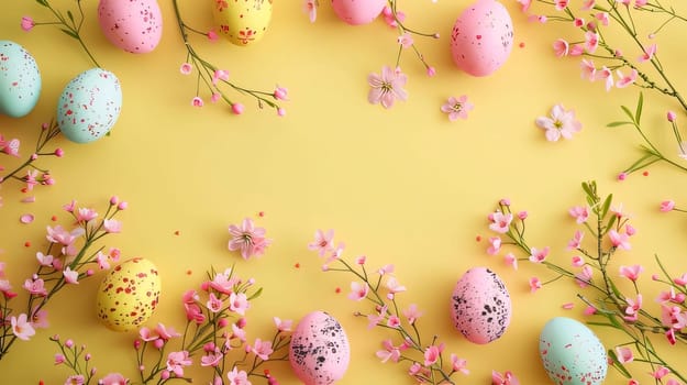 Feasts of the Lord's Resurrection: Colorful easter eggs and spring flowers on yellow background, flat lay