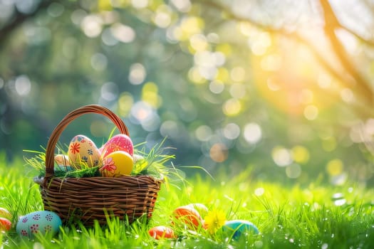 Feasts of the Lord's Resurrection: Basket with easter eggs on green grass with bokeh background