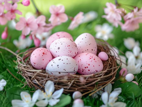 Feasts of the Lord's Resurrection: Easter eggs in nest on green grass with cherry blossom flowers