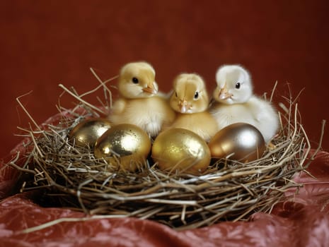 Adorable ducklings amid golden eggs nestled in a straw nest, depicting Easter, new life, and wealth concepts.