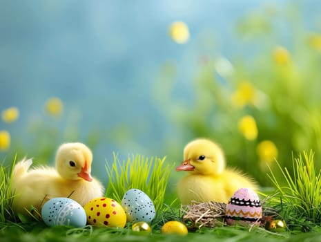 Feasts of the Lord's Resurrection: Easter eggs and yellow ducklings in green grass on blue background