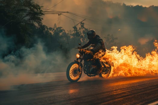 A motorcycle rider on a fiery bike racing down a rural road in scorching heat, Biker in hot summer.