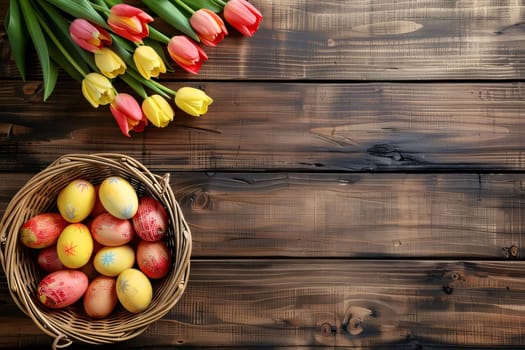 Feasts of the Lord's Resurrection: Easter eggs and tulips on wooden background. Top view with copy space