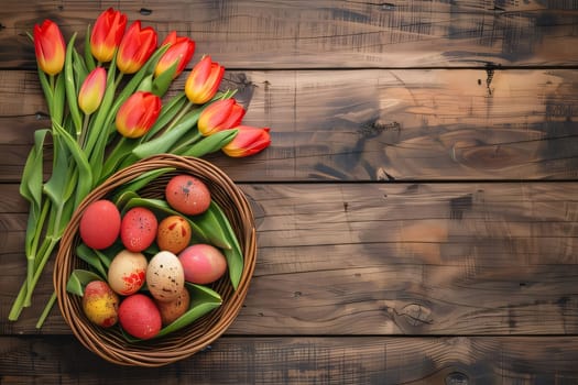 Feasts of the Lord's Resurrection: Easter eggs and tulips on wooden background. Top view with copy space