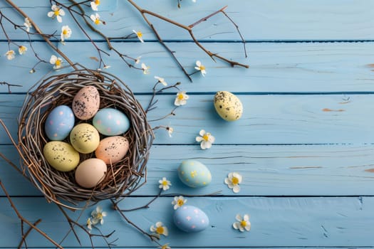 A beautifully arranged Easter nest with pastel-colored decorative eggs amidst spring flowers on a rustic blue wooden table.