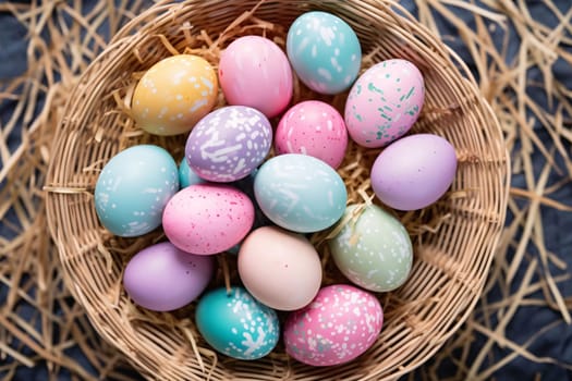 Feasts of the Lord's Resurrection: Colorful easter eggs in basket on wooden background, top view