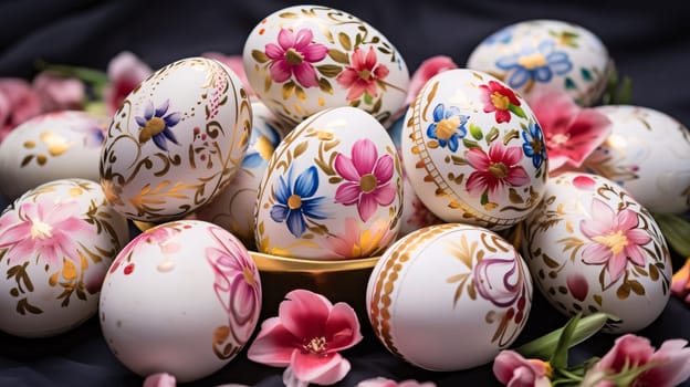 Feasts of the Lord's Resurrection: Easter eggs with floral patterns on a black background. Close-up.