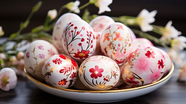 Feasts of the Lord's Resurrection: Painted easter eggs in a plate with flowers on a wooden background