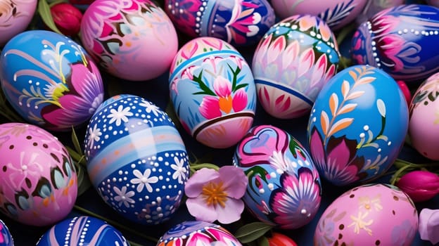 A vibrant collection of intricately painted Easter eggs adorned with floral designs amid spring flowers suggestive of celebration and tradition.