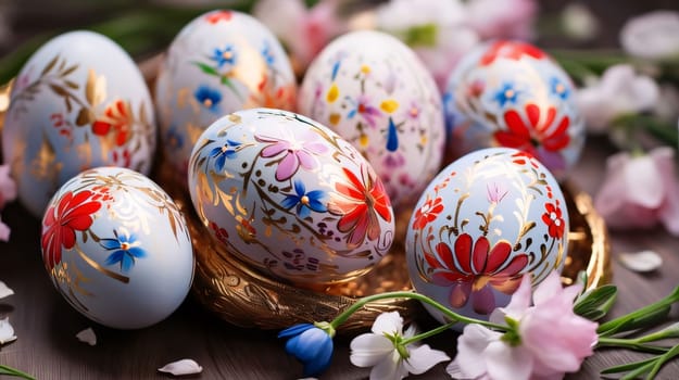 A collection of beautifully hand-painted Easter eggs in a golden nest surrounded by delicate spring flowers on a wooden surface.