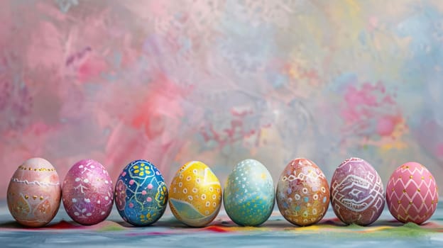 Feasts of the Lord's Resurrection: Row of colorful Easter eggs on a pastel background with copy space