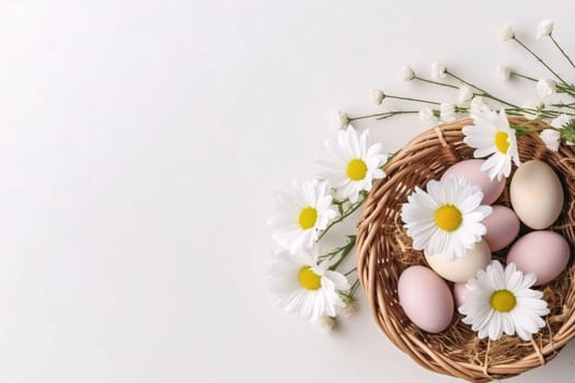 Feasts of the Lord's Resurrection: Easter eggs in a basket with daisies on a white background