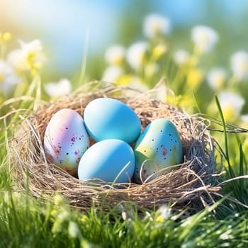 Feasts of the Lord's Resurrection: Easter eggs in nest on green grass with daisies background