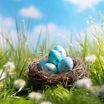 A serene view of vibrant, speckled Easter eggs rested in a natural nest surrounded by fresh spring grass with a clear blue sky overhead.