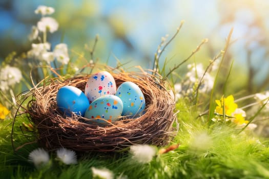 Feasts of the Lord's Resurrection: Easter eggs in nest on green grass with flowers. Easter background