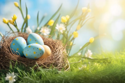 Feasts of the Lord's Resurrection: Colorful easter eggs in nest with spring flowers on green grass