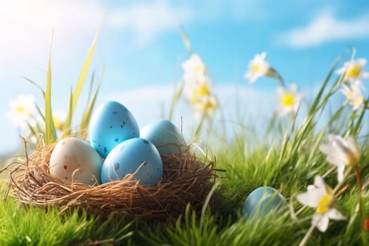 Feasts of the Lord's Resurrection: Easter eggs in the nest on green grass and blue sky background