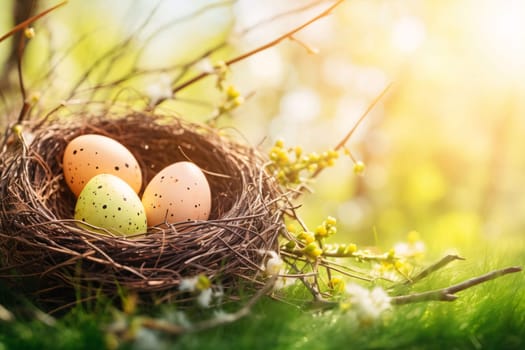 Feasts of the Lord's Resurrection: Easter eggs in a nest on a background of spring flowers.