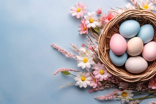 Pastel colored Easter eggs nestled in a wicker basket surrounded by a variety of spring flowers on a blue background.