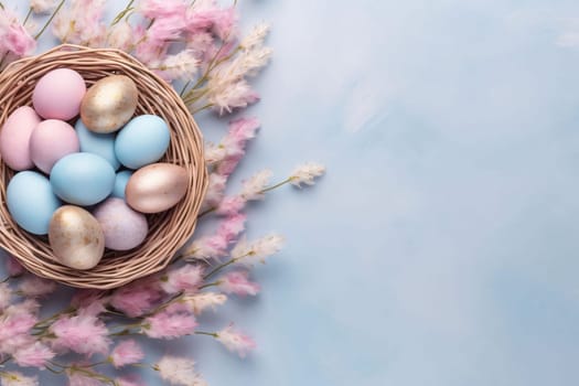 Feasts of the Lord's Resurrection: Easter eggs in a basket on a blue background with pink flowers