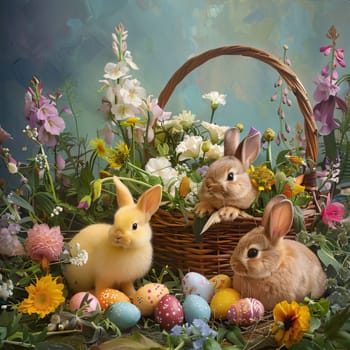 Feast of the Lord's Resurrection: Easter bunnies with basket of flowers and easter eggs