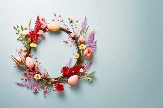 Feasts of the Lord's Resurrection: Easter wreath with flowers and eggs on a blue background.