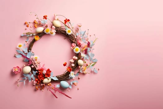 Feasts of the Lord's Resurrection: Easter wreath with colorful eggs and flowers on a pink background