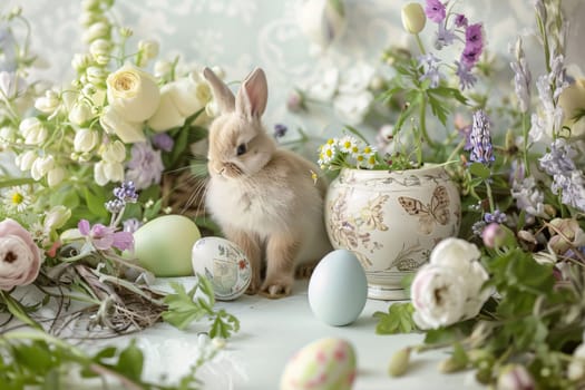 Feasts of the Lord's Resurrection: Easter bunny and Easter eggs on a light background with flowers.