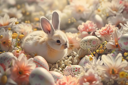 Feasts of the Lord's Resurrection: Easter background with easter eggs and cute bunny on floral background