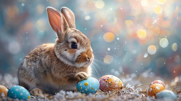 Feasts of the Lord's Resurrection: Easter bunny with colored eggs in the nest on bokeh background