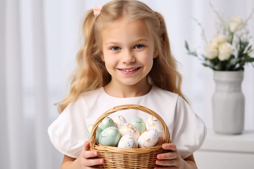 Feasts of the Lord's Resurrection: Cute little girl with basket of easter eggs on light background