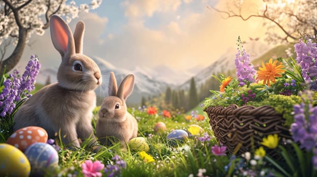 Feasts of the Lord's Resurrection: Easter bunny and spring flowers in the meadow. Easter background