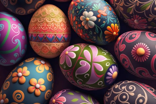 Feast of the Lord's Resurrection: Colorful Easter eggs with floral patterns, 3D illustration, horizontal