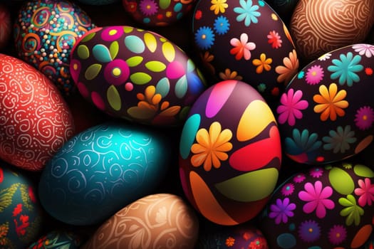 A vibrant collection of Easter eggs adorned with intricate patterns, floral motifs, and playful colors embodying the joy of Easter celebrations.