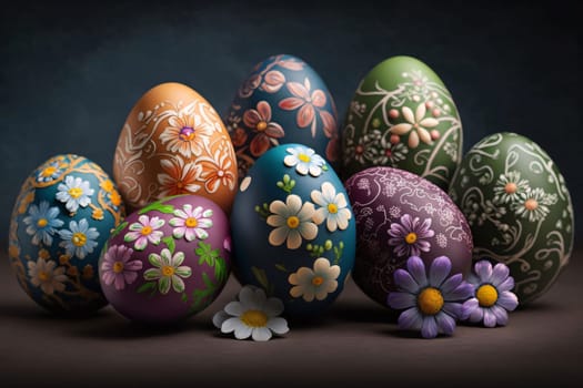 Feasts of the Lord's Resurrection: Easter eggs with floral pattern on dark background, 3d render