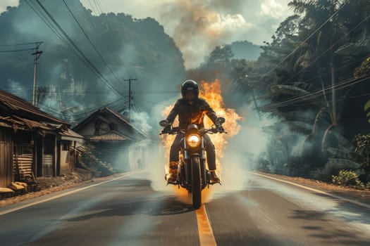 A motorcycle rider on a fiery bike racing down a rural road in scorching heat, Biker in summer.