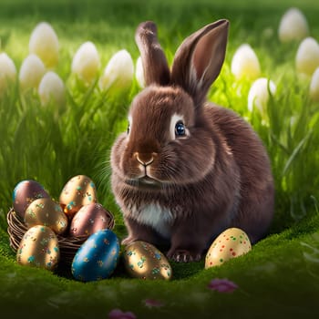 An adorable brown Easter bunny sitting by a nest of colorful, decorated eggs amidst vibrant green grass and tulips.