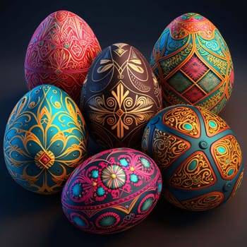 Feasts of the Lord's Resurrection: Painted easter eggs on black background. 3D illustration.