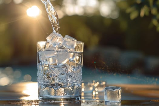 Glass of water with ice, Pour ice cubes On a hot summer day.